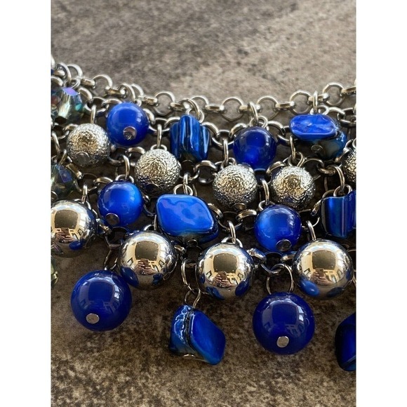 Necklace Fashion Apron Beaded Silver Tone Blue 19”+3” - Picture 7 of 9